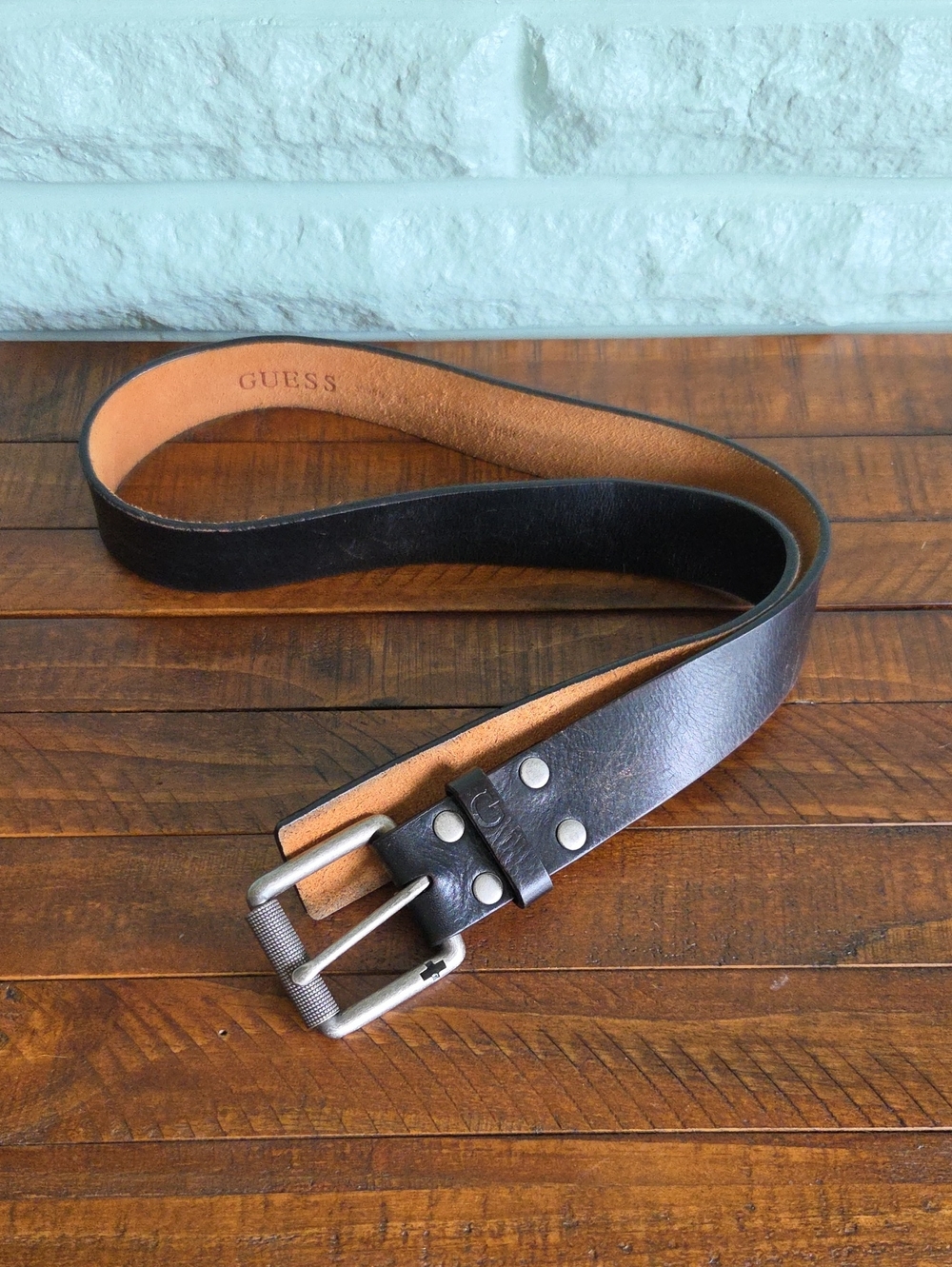 GUESS Black Leather Men's Belt Silver Buckle Size 34